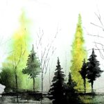 Watercolor by Kas Rohm: Misty Forest Landscape